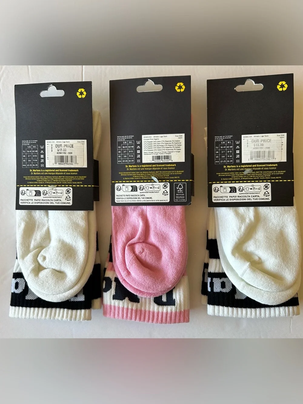 Dr. Martens Pink, White & Black Organic Cotton Striped Socks - 3 Pack S/M